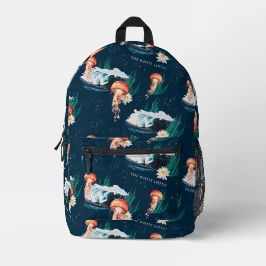 Das Quallen-Muster des weißen Lotus Ocean Bedruckter Rucksack (Vorderseite)