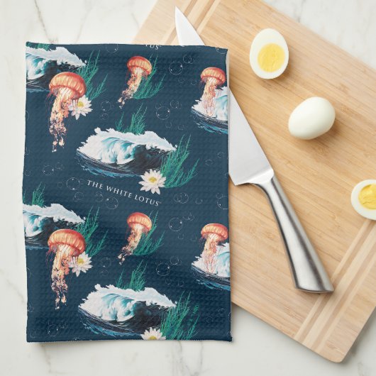 Das Quallen-Muster des weißen Lotus Ocean Geschirrtuch (Viertel Falte)