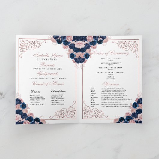 Das Quinceanera-Programm für Navy Blue & Pink Butt Einladung (Innenseite)