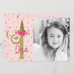 Das rosa 1. Geburtstags-Party GoldGlitzerunicorn- Einladung