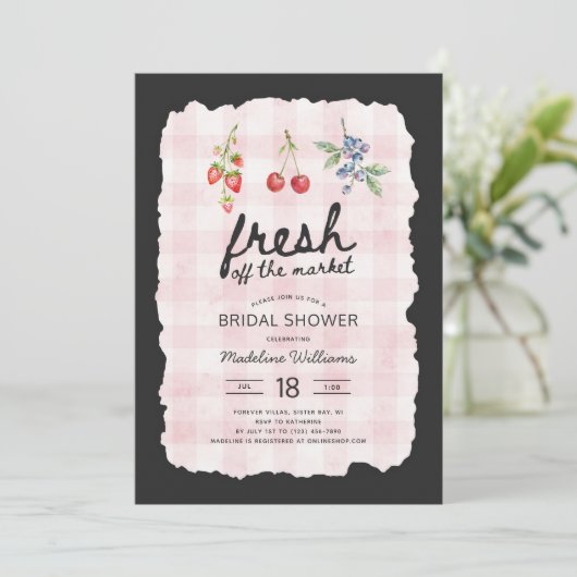 Das Rosa Gingam-Brautparty vom Markt frisch Einladung (Stehend Vorderseite)