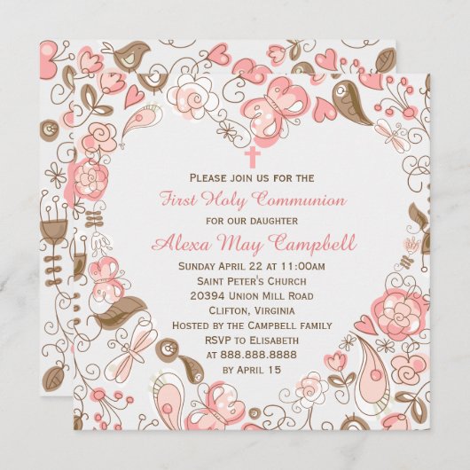 Das rosa Herz-Blumenerste Kommunion des Mädchens Einladung (Vorne/Hinten)
