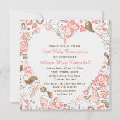 Das rosa Herz-Blumenerste Kommunion des Mädchens Einladung (Vorderseite)
