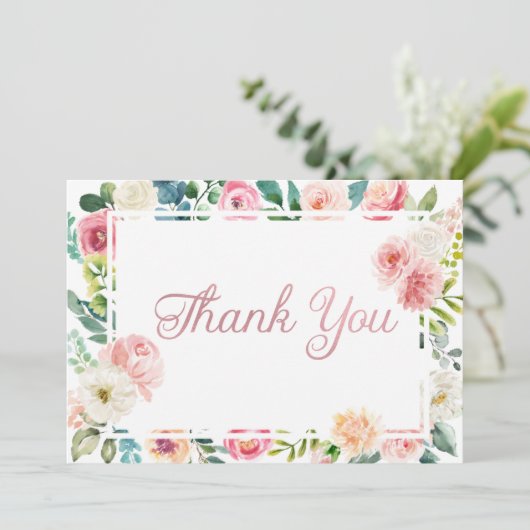 Das Rosa u. Pfirsich, die mit Blumen sind, danken Dankeskarte (Stehend Vorderseite)