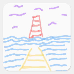 Das rote Leuchtturm und die Gelben Pier-Golfbälle Quadratischer Aufkleber