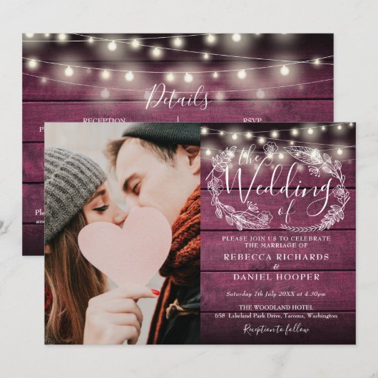 Das rustikale Foto der String-Lights in einer Hoch Einladung (Vorne/Hinten)