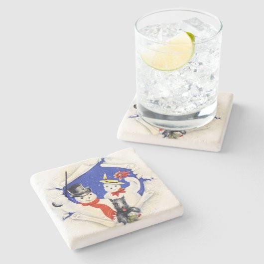 Das Schnee-Familien-und Hundeweihnachten Steinuntersetzer (Seitenansicht)