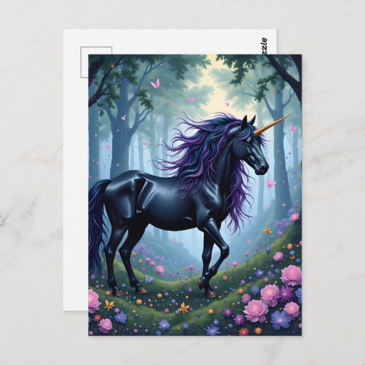 Das schöne schwarze Einhorn im Wald Postkarte (Vorne/Hinten)