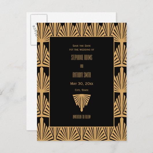 Das Schwarz-Déco-Muster Save the Date Ankündigungspostkarte (Vorne/Hinten)