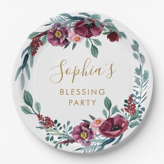 Das Segen-Party der burgundy Floral Mother Pappteller (Vorderseite)