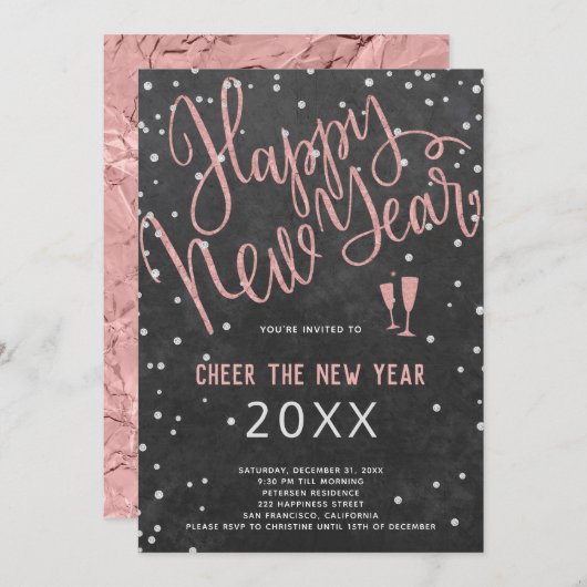 Das Silvester Rose Gold Chalkboard Party Einladung (Vorne/Hinten)