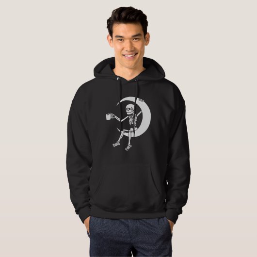 Das Skelett des Funny Coffee Lover sitzt auf halbe Hoodie (Vorne ganz)