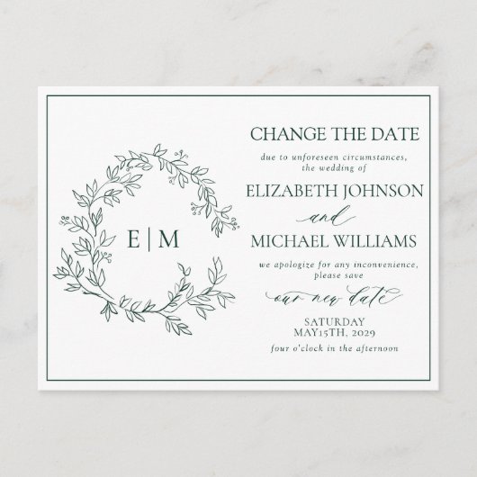 Das Smaragdgrüne Wappen Monogramm ändert das Datum Einladungspostkarte (Vorderseite)