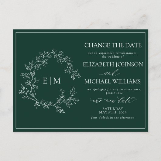 Das Smaragdgrüne Wappen Monogramm ändert das Datum Einladungspostkarte (Vorderseite)