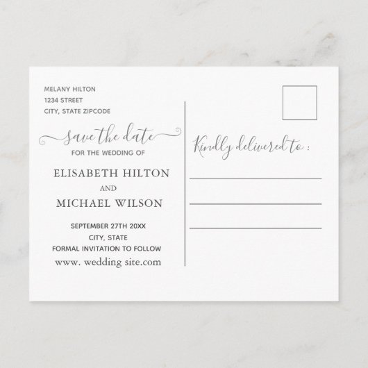 Das sonnige Ehepaar ändert das Datum Ankündigungspostkarte (Rückseite)