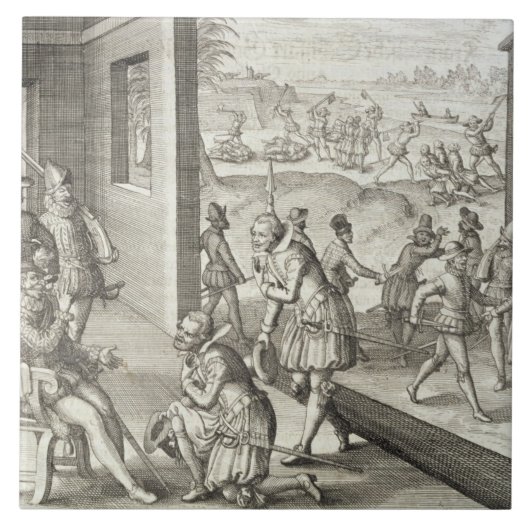 Das spanische Gefangennahmen-Fort Caroline, 1565, Fliese (Vorderseite)