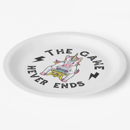 Das Spiel endet nie für Unicorns Pappteller (Schrägansicht)