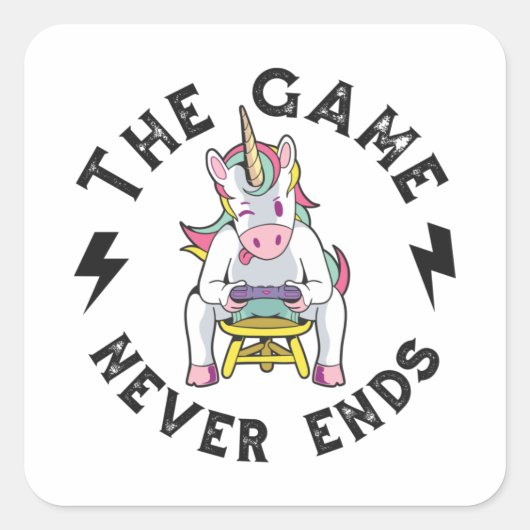 Das Spiel endet nie für Unicorns Quadratischer Aufkleber (Vorderseite)