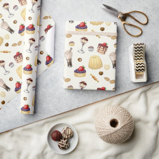 Das süße Muster mit verschiedenen Desserts. Geschenkpapier (Basteln)