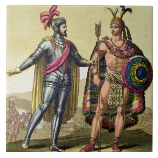 Das Treffen zwischen Hernando Cortes (1485-1547) Fliese (Vorderseite)