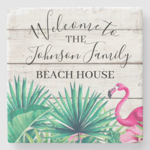 Das Tropical Floral Family Name Beach House begrüß Steinuntersetzer