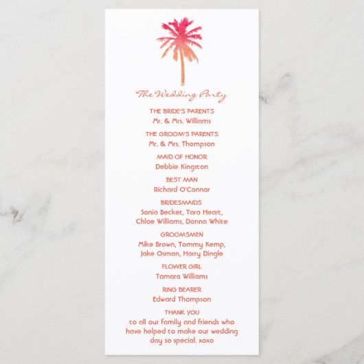 Das Tropical Sunset Palm Tree Beach Hochzeitsprogr Programm (Rückseite)