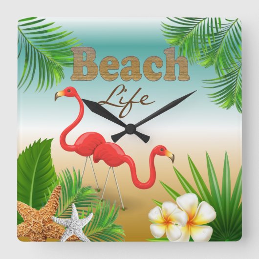 Das tropische Beach-Life-Design mit Flamingos Quadratische Wanduhr (Vorderseite)