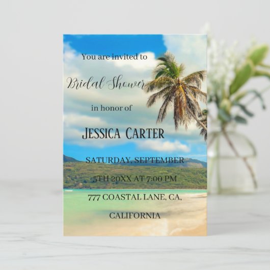 Das tropische Brautparty von Beach Palm Trees Einladung (Stehend Vorderseite)