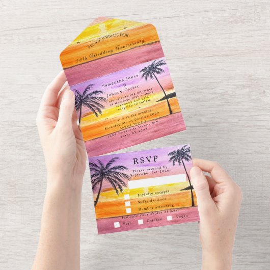 Das tropische Hochzeitsjubiläum am Strand All In One Einladung (Abreißen)