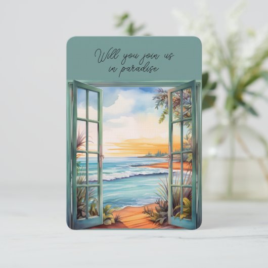 Das tropische Paradies mit offenem Fenster Einladung (Stehend Vorderseite)