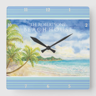Das tropische Paradise Beach House Palmen Quadratische Wanduhr