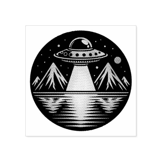 Das Ufo im Gebirge, das im Wasser reflektiert Gummistempel (Prägung)
