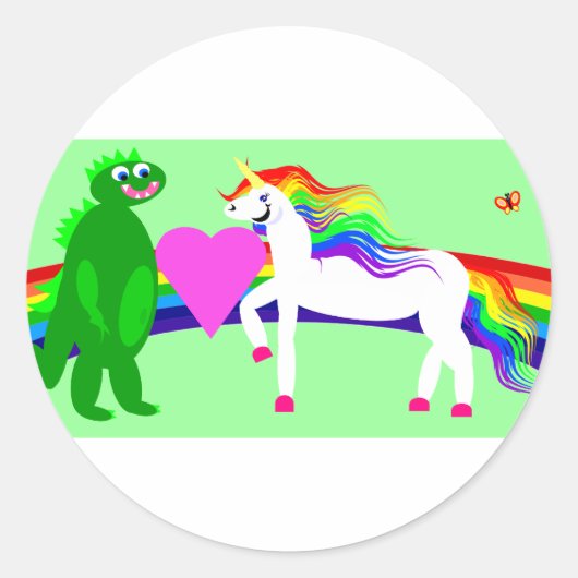 Das Unicorn sieht den Dinosaurier Runder Aufkleber (Vorderseite)