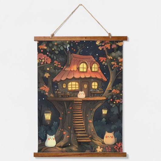 Das verzauberte Baumhaus glatter Katzen Wandteppich Mit Holzrahmen (Vorderseite)