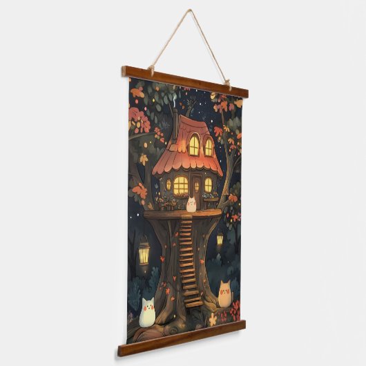 Das verzauberte Baumhaus glatter Katzen Wandteppich Mit Holzrahmen (Gewinkelt)