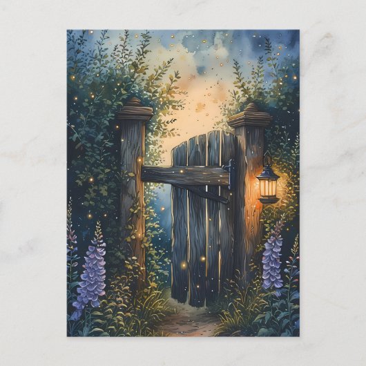 Das verzauberte Gartentor unter glühendem Himmel Postkarte (Vorderseite)