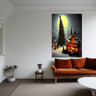 Das Weihnachtsdorf in der Nacht AI Art Poster