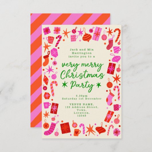 Das Weihnachtsfest in Rosa und Rot lädt zum Party  Einladung (Vorne/Hinten)