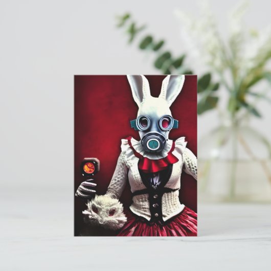 Das weiße Kaninchen in einer Gasmaske Postkarte (Stehend Vorderseite)