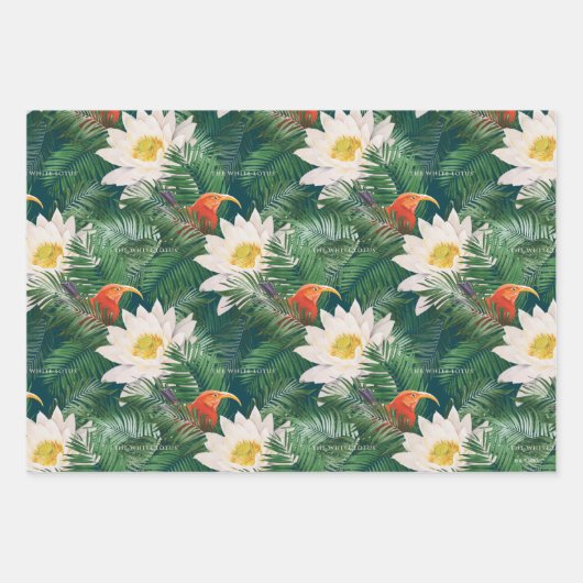 Das weiße Lotus tropische Vögel & Lotus Muster Geschenkpapier Set (Vorderseite)