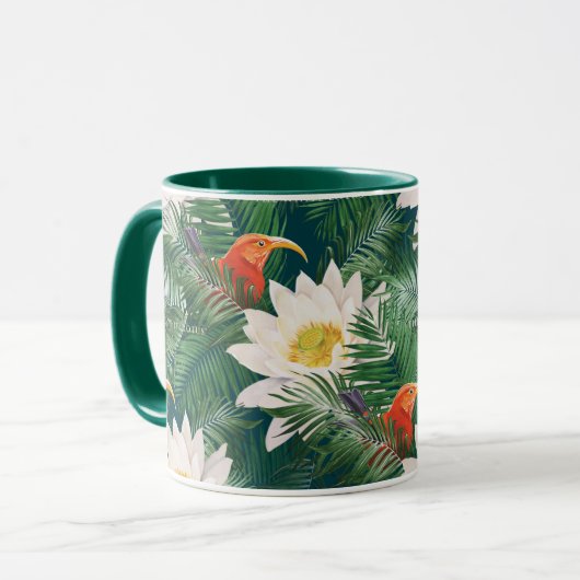 Das weiße Lotus tropische Vögel & Lotus Muster Tasse (Vorderseite Links)