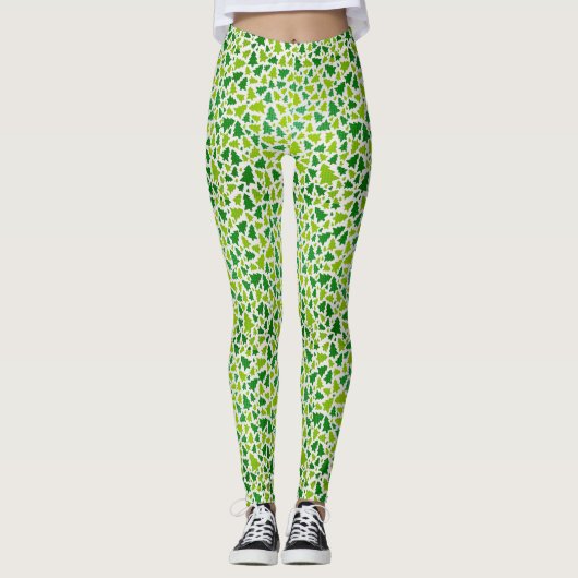 Das weiße und grüne Weihnachtsbaummuster Leggings (Vorderseite)