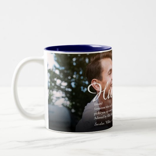 Das weltbeste Husband-Definition-Script-Foto Zweifarbige Tasse (Links)