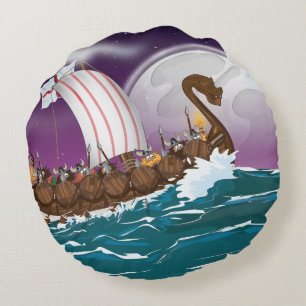 Das Wikinger-Schiff-Cartoon Rundes Kissen