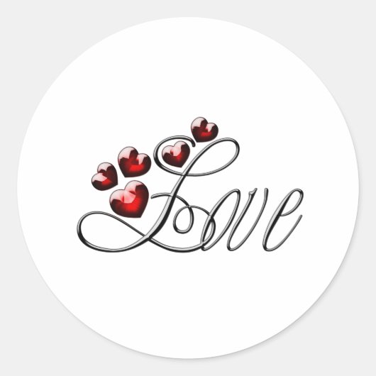 Das Wort Liebe mit roten funkelnden Herzen Classic Runder Aufkleber (Vorderseite)