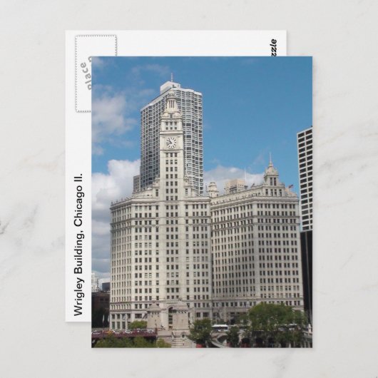 Das Wrigley Gebäude in Chicago an einem schönen Ta Postkarte (Vorne/Hinten)