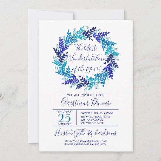 Das wunderbarste Time Blue Wreath Weihnachtsfest-P Einladung (Vorderseite)