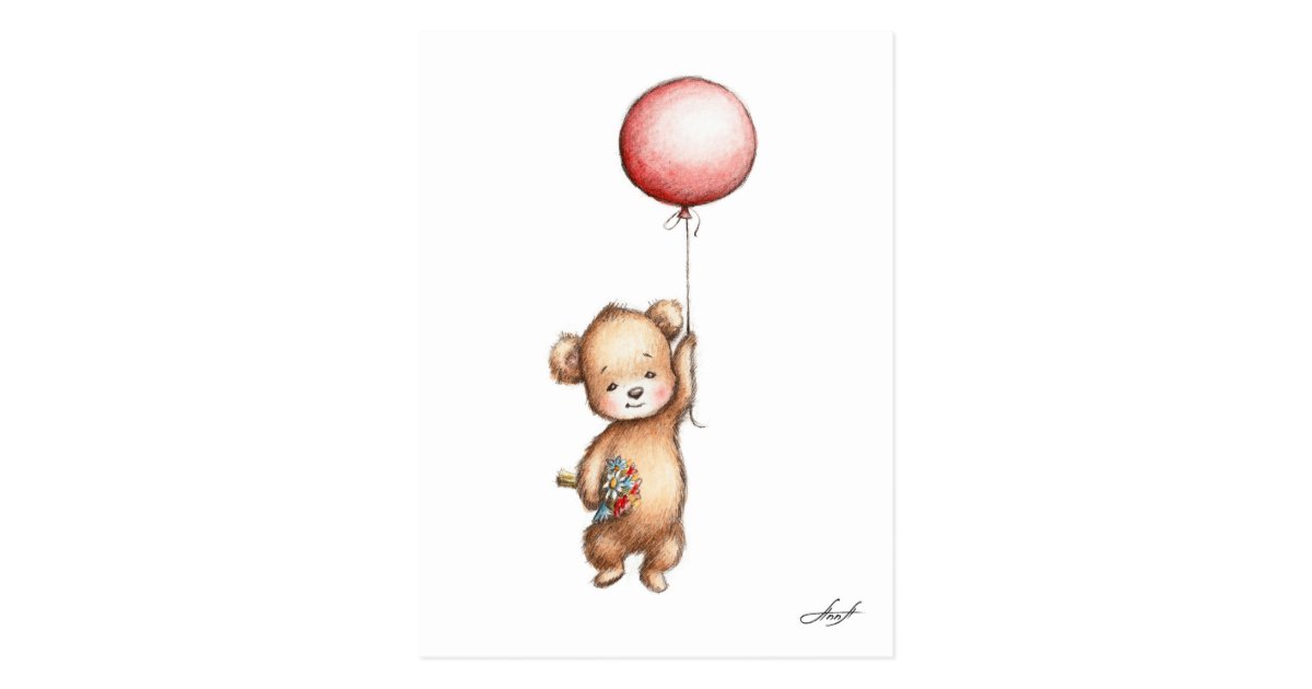 Das Zeichnen Des Teddy Baren Mit Rotem Ballon Und Postkarte Zazzle De