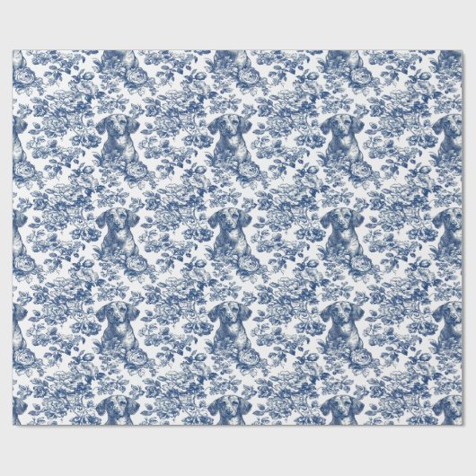 Daschund Dog Blue Toile Pattern Geschenkpapier (Flach)