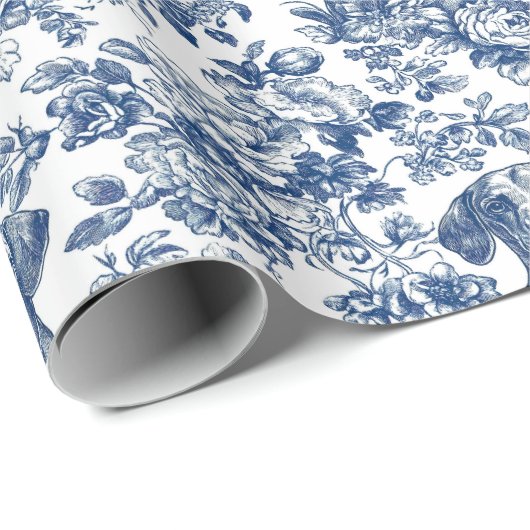 Daschund Dog Blue Toile Pattern Geschenkpapier (Rolleneckpunkt)